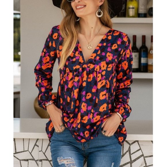 Glam Girl Fashion Tops - NWT Orange & Navy Floral V-Neck Empire Waist Tunic